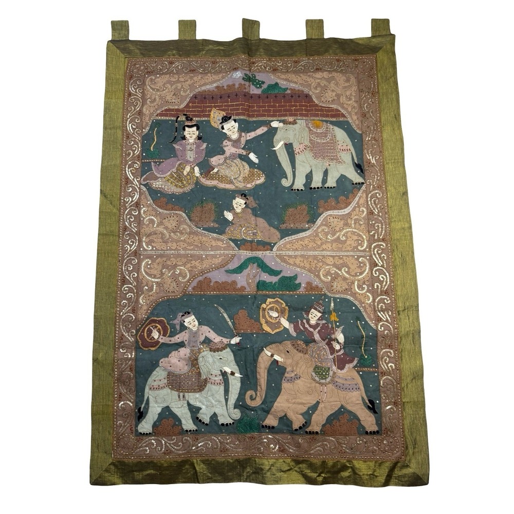 Vintage Thai Kalaga Tapestry Wall Hanging‎ Elephant Applique Sequined Large